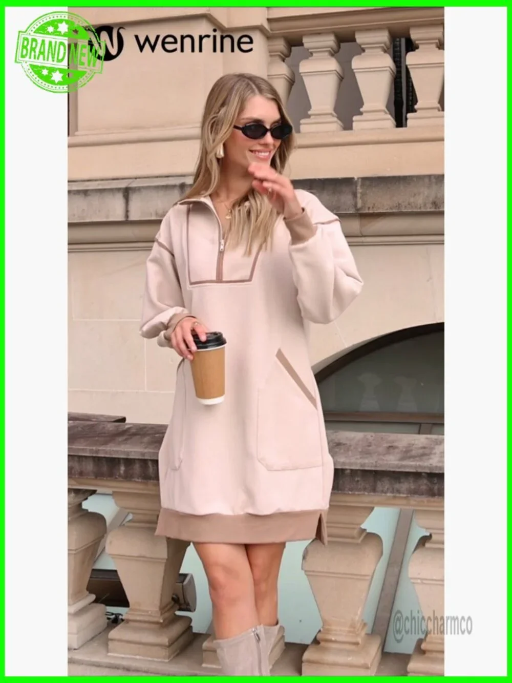 Oversized Half Zip Sweatshirt Dress Long Sleeve Mini Dress with Pockets - Picture 7 of 7